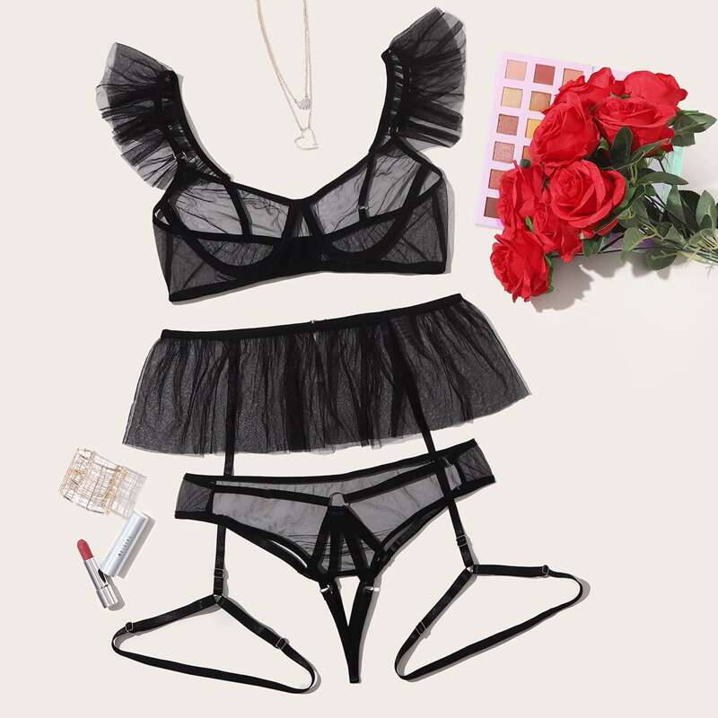 

Sheer Mesh Underwire Garter Lingerie Set, Black