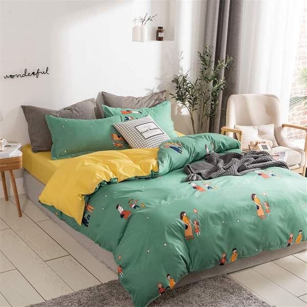 

Cartoon Graphic Bedding Set Without Filler, Green