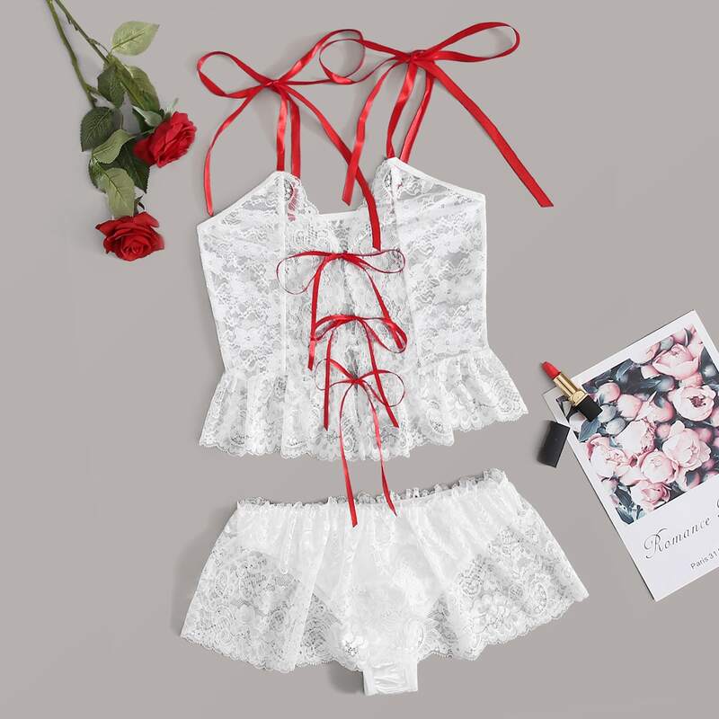

Floral Lace Tie Shoulder Skort Lingerie Set, White