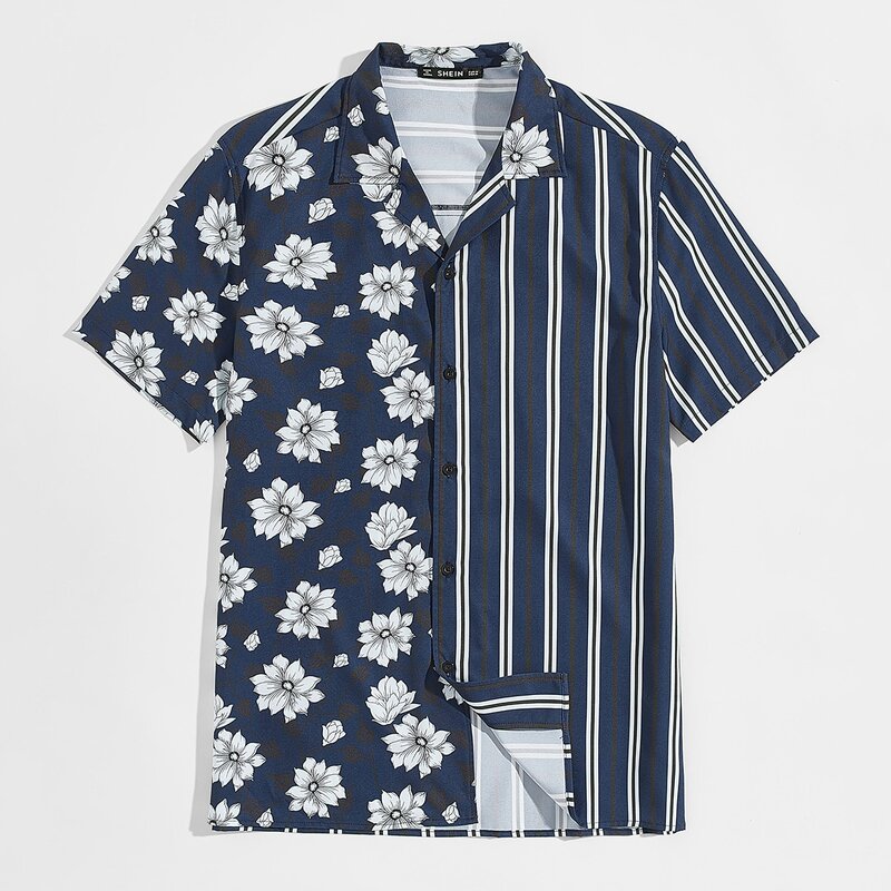 

Guys Notch Collar Floral & Striped Shirt, Navy blue