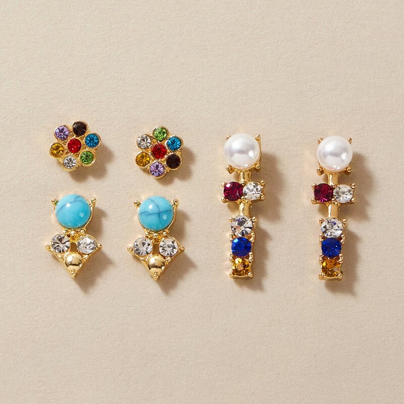 

3pairs Rhinestone Stud Earrings, Multicolor