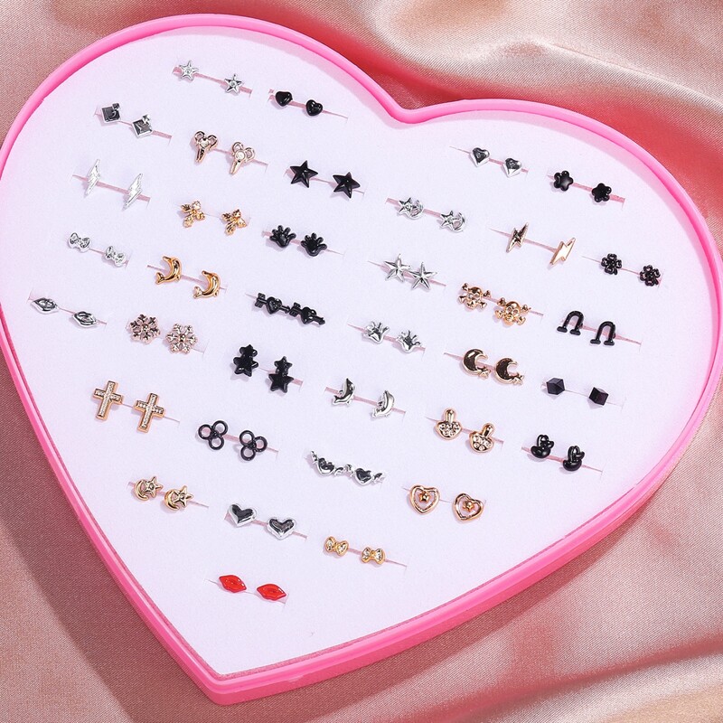 

36pairs Heart Design Stud Earrings, Multicolor