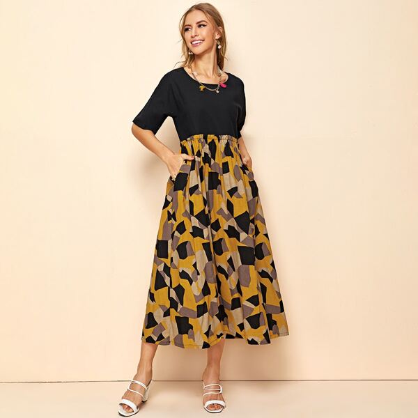 

Geo Print Spliced Drop Shoulder Combo Dress, Multicolor