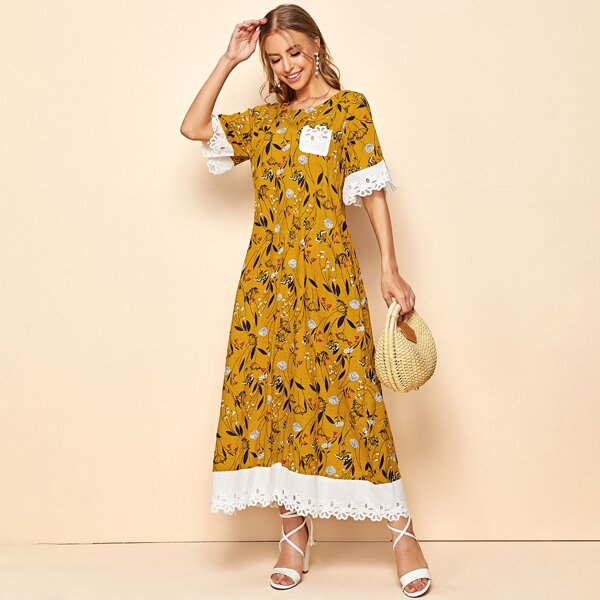 

Lace Trim Floral Print Maxi Dress, Yellow