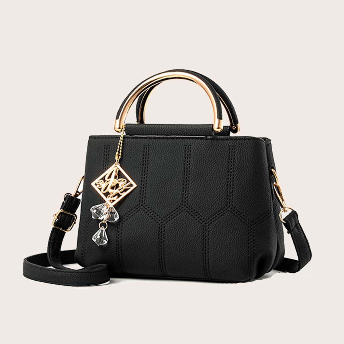 

Minimalist Satchel Bag With Bag Charm, Black