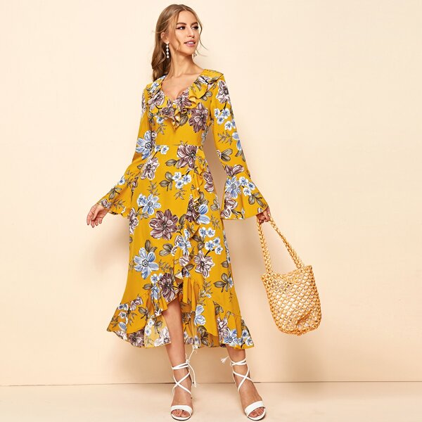 

V-neck Ruffle Detail Asymmetrical Hem Floral Dress, Yellow