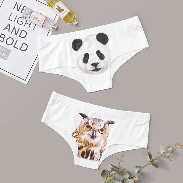 

2pack Panda & Owl Print Panty Set, White