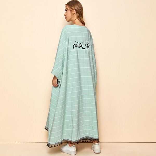 

Letter Graphic Back Fringe Hem Striped Dress, Green