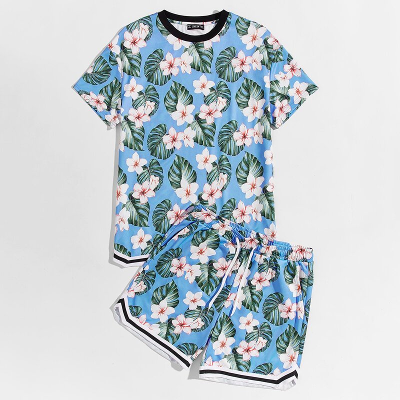 

Guys Contrast Striped Trim Top and Track Shorts Set, Blue