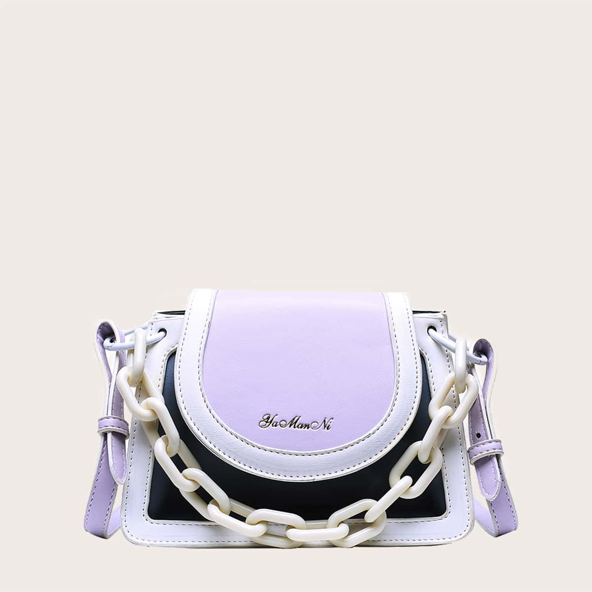 

Colorblock Flap Tote Bag, Purple