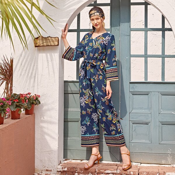 

Plants And Tribal Print Belted Culottes Jumpsuit, Navy blue