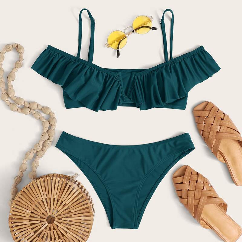 

Ruffle Trim High Cut Bikini Swimsuit, Green