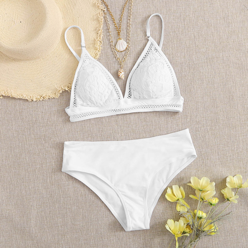

Contrast Lace Triangle Bikini Swimsuit, White