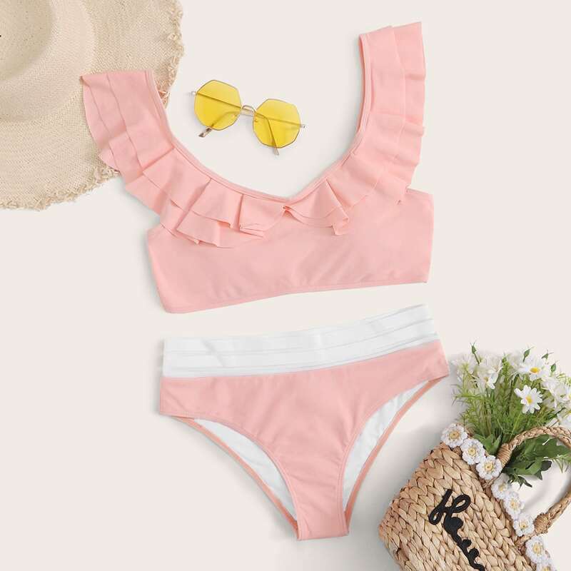 

Ruffle Trim Contrast Mesh Bikini Swimsuit, Pink