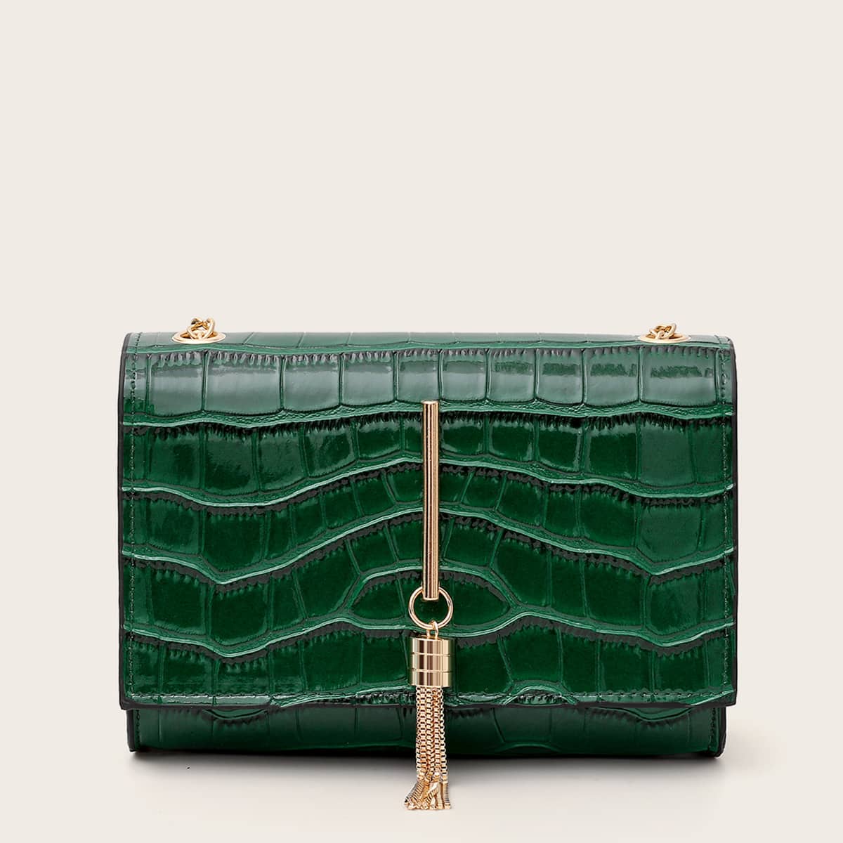

Tassel Charm Croc Embossed Chain Bag, Green