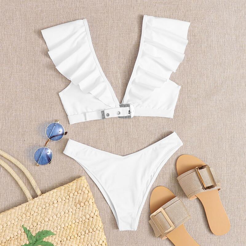 

Ruffle Trim High Cut Bikini Swimsuit, White