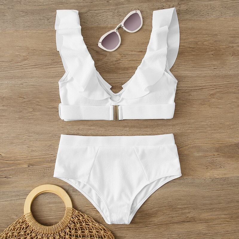 

Ruffle Trim Belted Bikini Swimsuit, White
