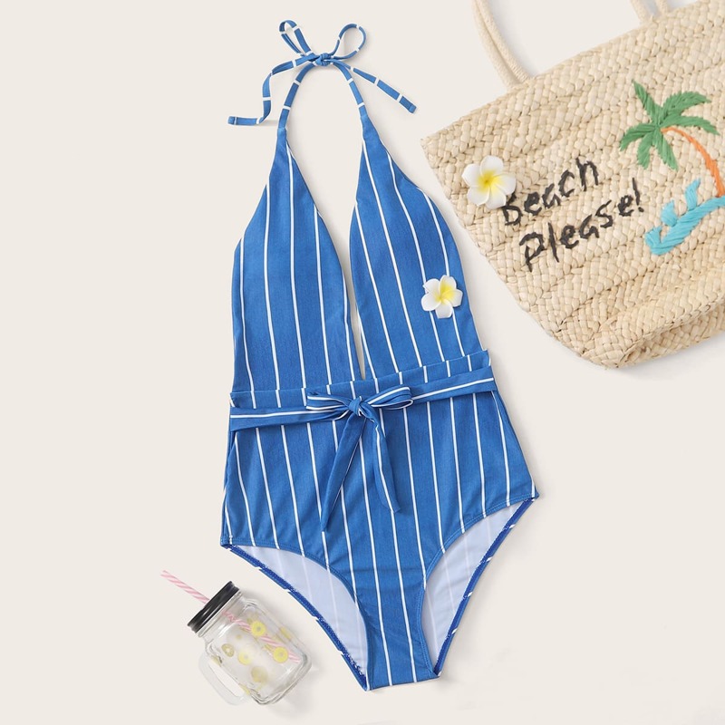 

Striped Tie Front Plunging One Piece Swimsuit, Blue