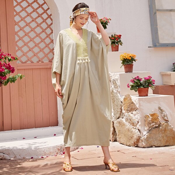 

Tribal Print Split Back Draped Longline Dress, Beige