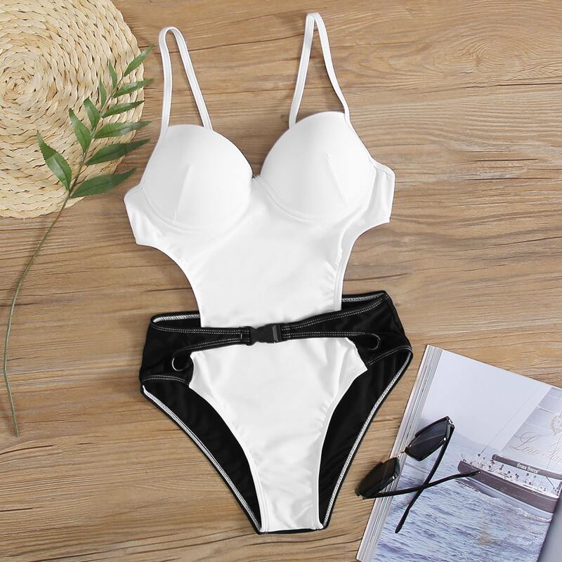 

Two Tone Cut-out Push Up One Piece Swimsuit, Black and white