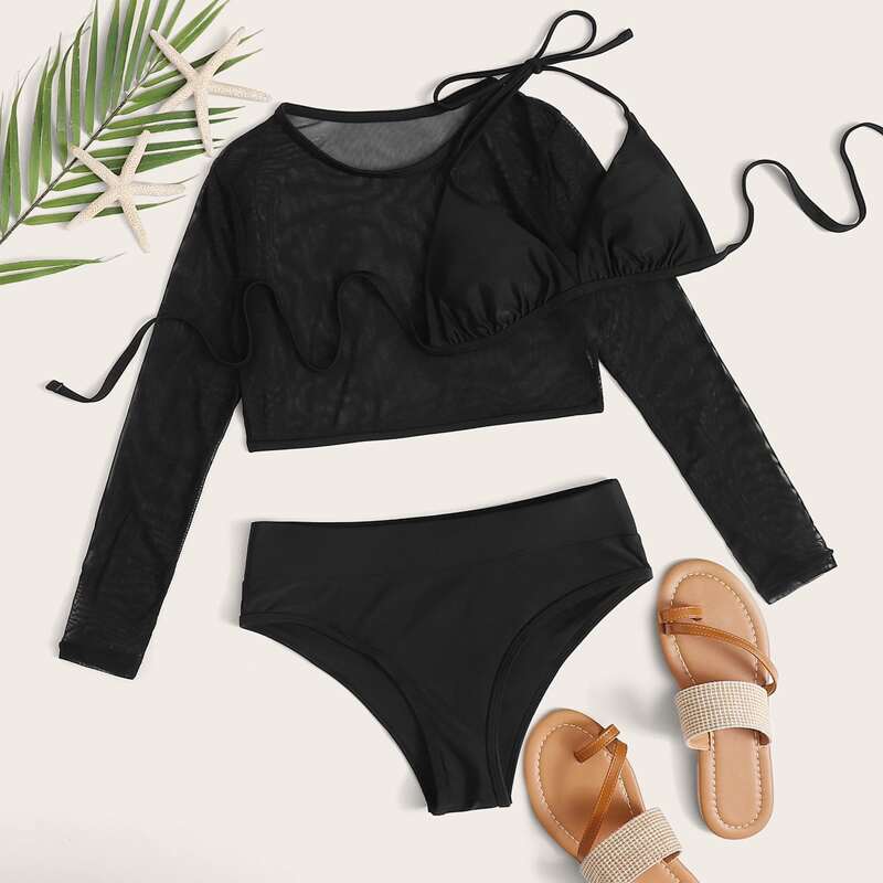 

3pack Mesh Triangle Co-ord Bikini Swimsuit, Black