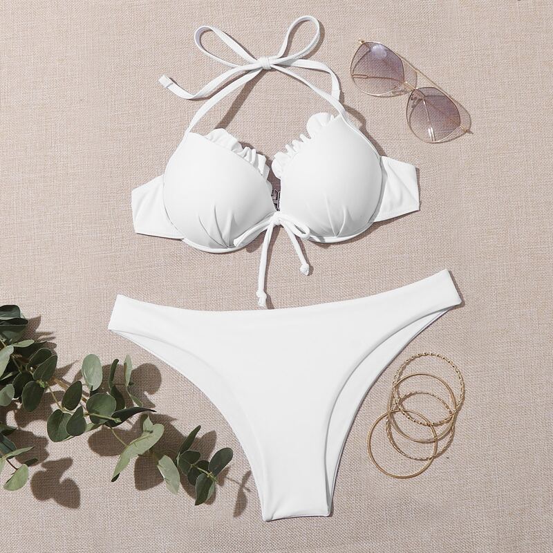 

Frill Trim Halter Underwire Bikini Swimsuit, White
