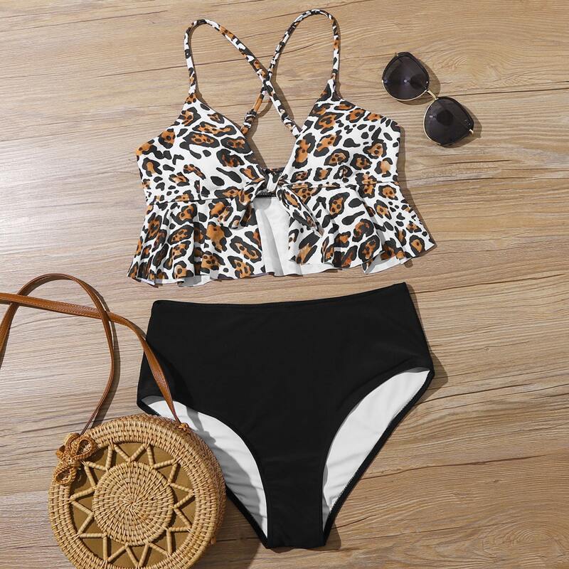 

Leopard Knot Front Ruffle Bikini Swimsuit, Multicolor