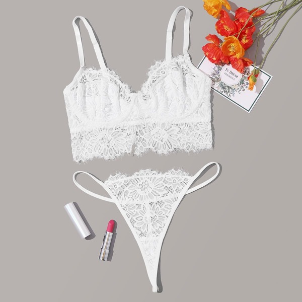 

Floral Lace Underwire Lingerie Set, White