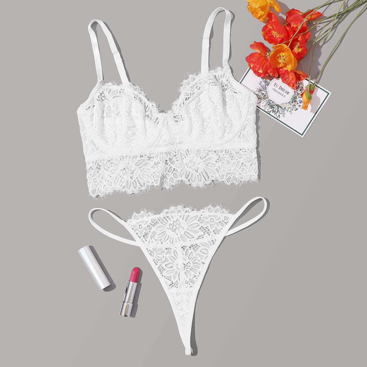 

Floral Lace Underwire Lingerie Set, White
