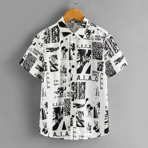 

Boys Collared Letter and Figure Graphic Shirt, Black and white