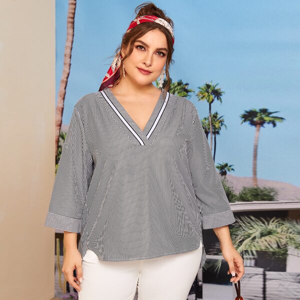 

Plus V-neck Striped High Low Blouse, Black and white