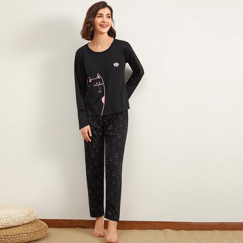 

Cartoon Graphic PJ Set, Black