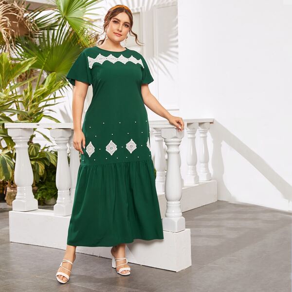 

Plus Pearls Beaded Ruffle Hem Smock Dress, Green