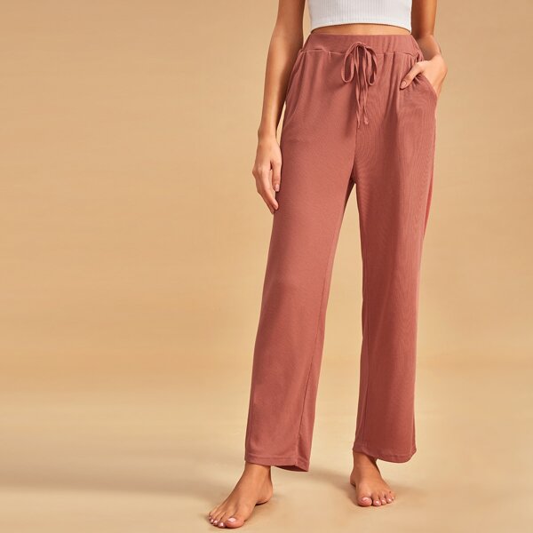 

Solid Knot Front Ribbed Lounge Pants, Red