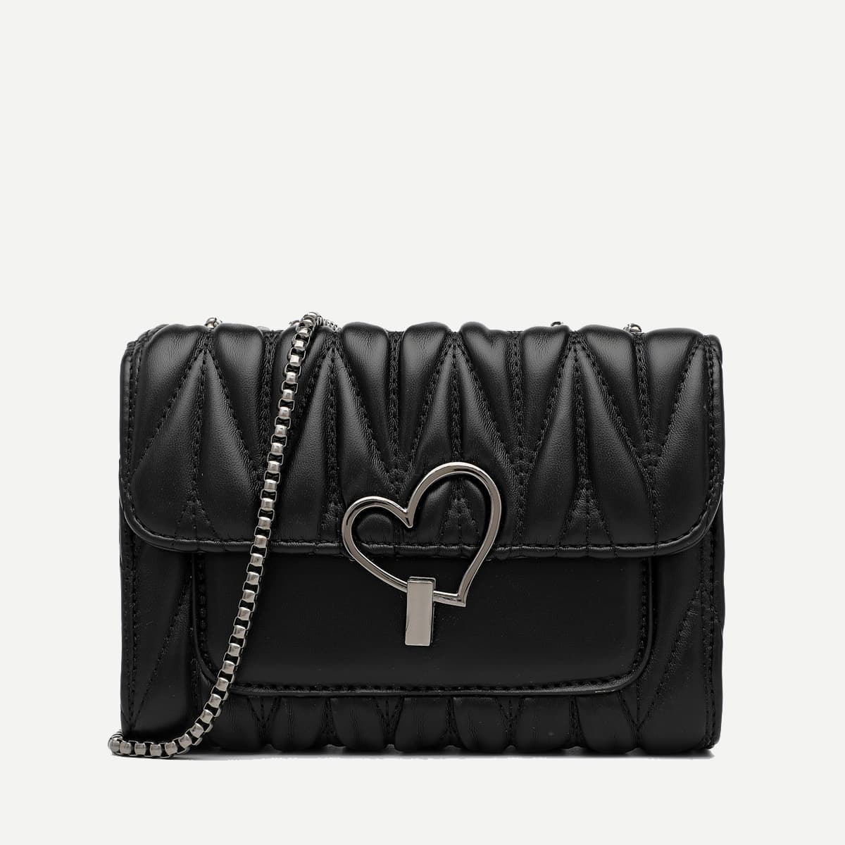 

Metal Heart Decor Flap Crossbody Bag, Black