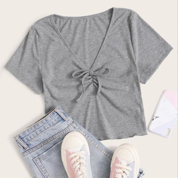

V-neck Ruched Tie Front Tee, Grey