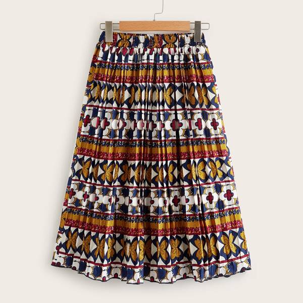 

Floral & Geo Print Pleated Skirt, Multicolor