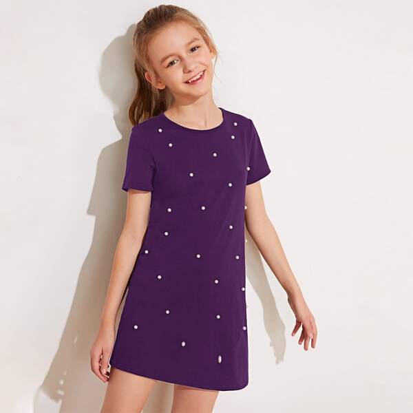 

Girls Pearls Beaded Tee Dress, Purple