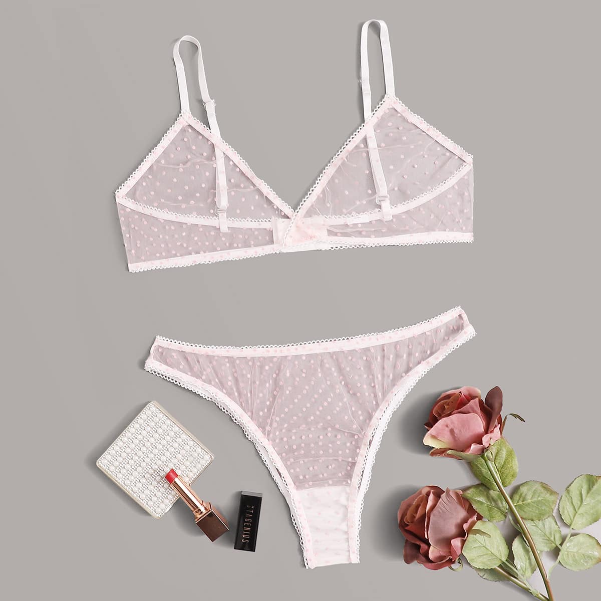 Dobby Mesh Lingerie Set, Pink