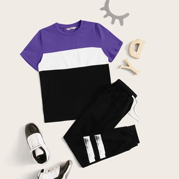 

Boys Colorblock Tee and Drawstring Waist Joggers Set, Black
