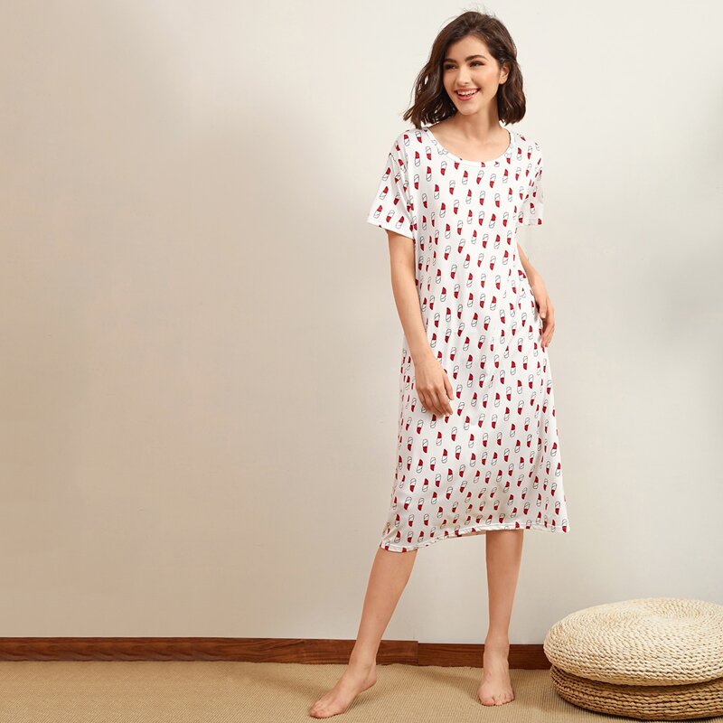 

Allover Lipstick Print Night Dress, White