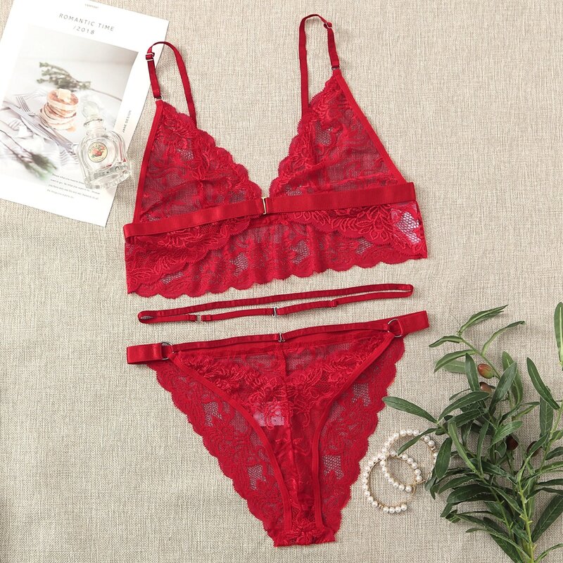

Floral Lace Ring Linked Lingerie Set, Red
