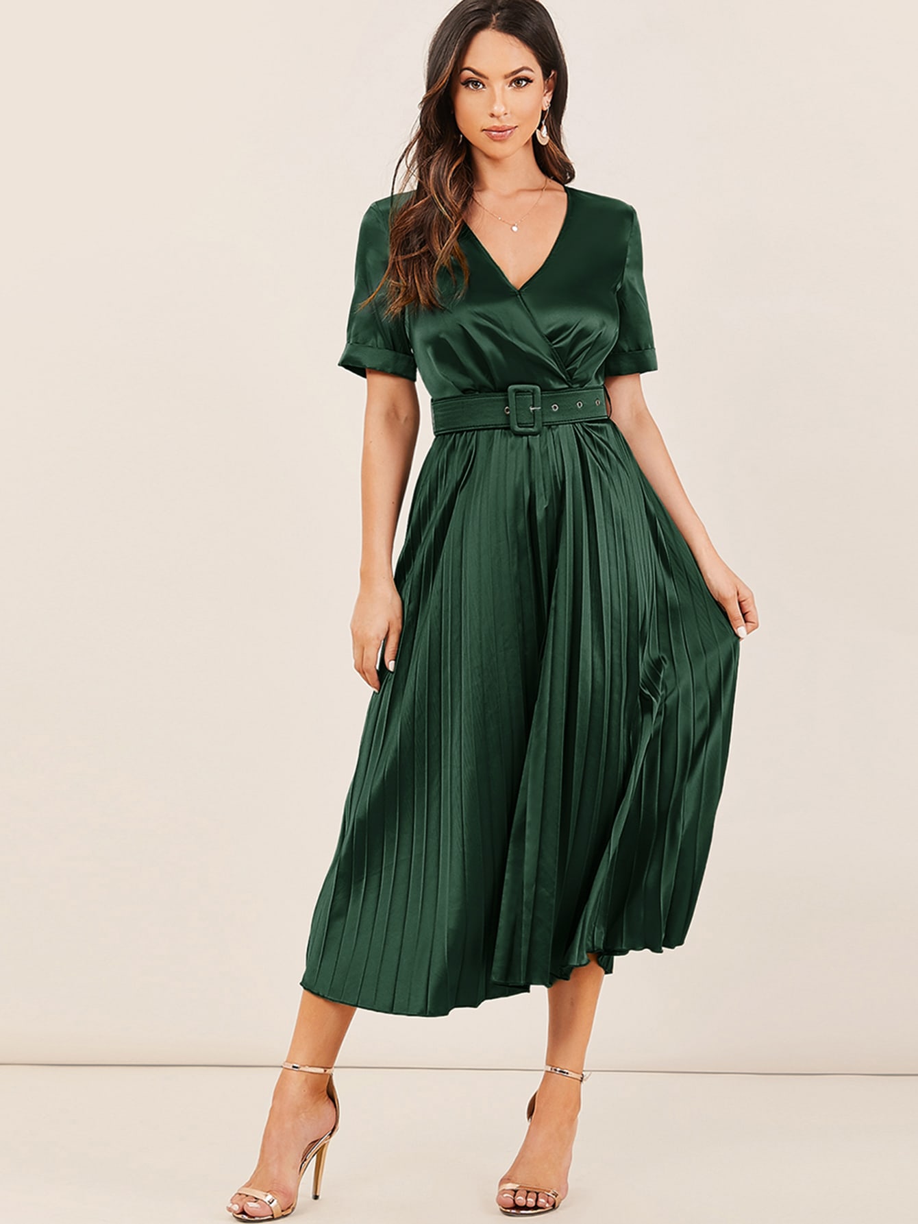 Surplice Neck Cuffed Sleeve Buckle Belted Pleated Satin Dress thumbnail