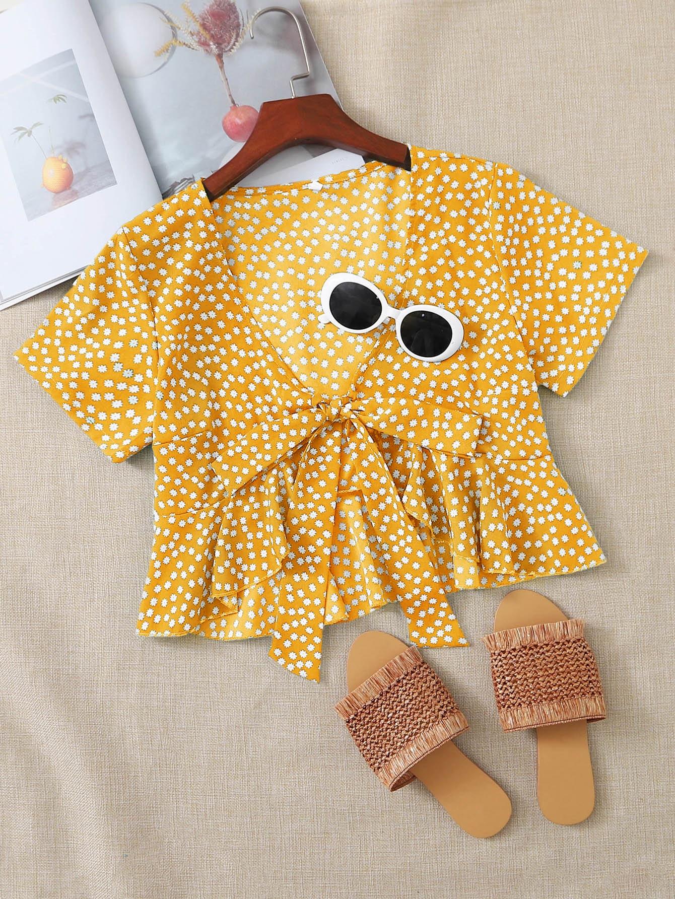 yellow floral tie front top
