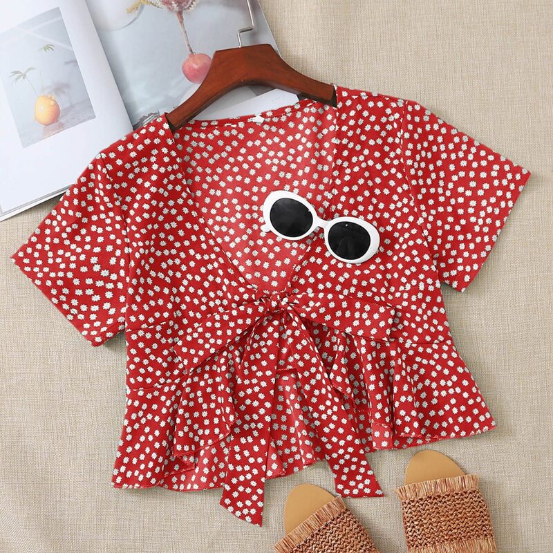 

Ditsy Floral Print Tie Front Chiffon Top, Red
