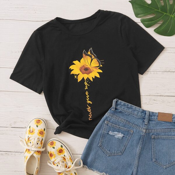 

Floral And Slogan Graphic Tee, Black