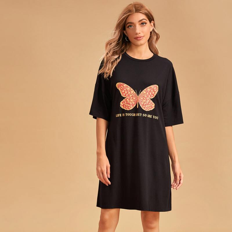 

Butterfly & Slogan Graphic Nightdress, Black