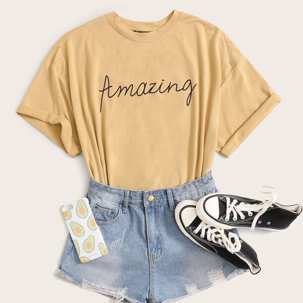 

Letter Graphic Cuffed Sleeve Tee, Khaki