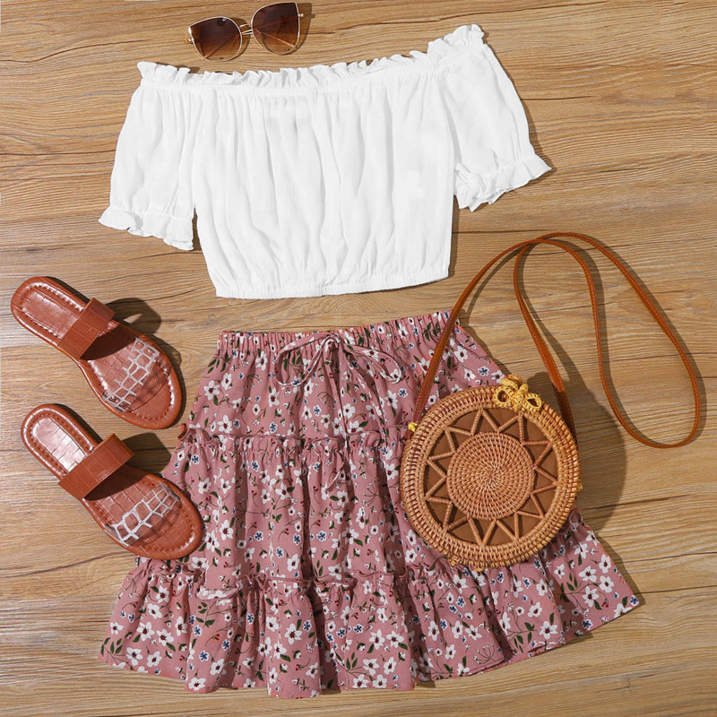 

Off Shoulder Frill Trim Top & Ditsy Floral Flippy Skirt Set, Multicolor