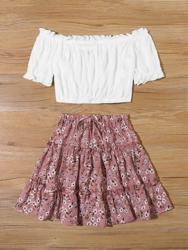 off shoulder frill trim pleated top
